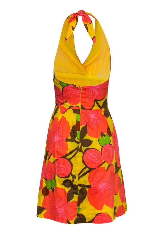 Current Boutique-Trina Turk - Orange & Yellow Floral Fit & Flare Halter Dress Sz 0