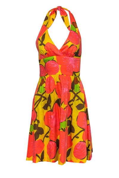 Current Boutique-Trina Turk - Orange & Yellow Floral Fit & Flare Halter Dress Sz 0