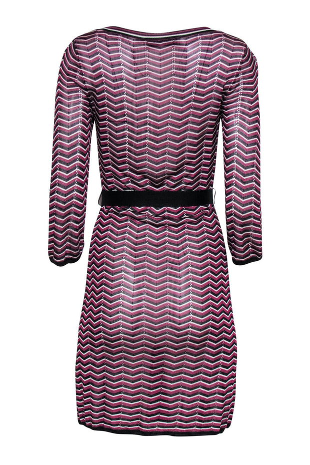 Current Boutique-Trina Turk - Purple, Black & White Chevron Knit Belted Shift Dress Sz M