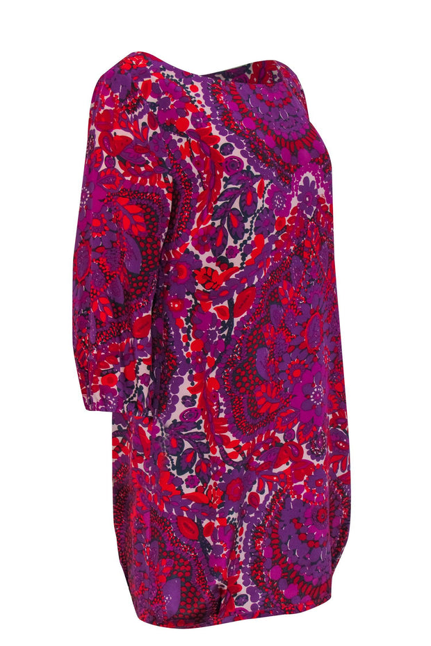 Current Boutique-Trina Turk - Purple & Red Funky Floral Print Silk Shift Dress Sz 8