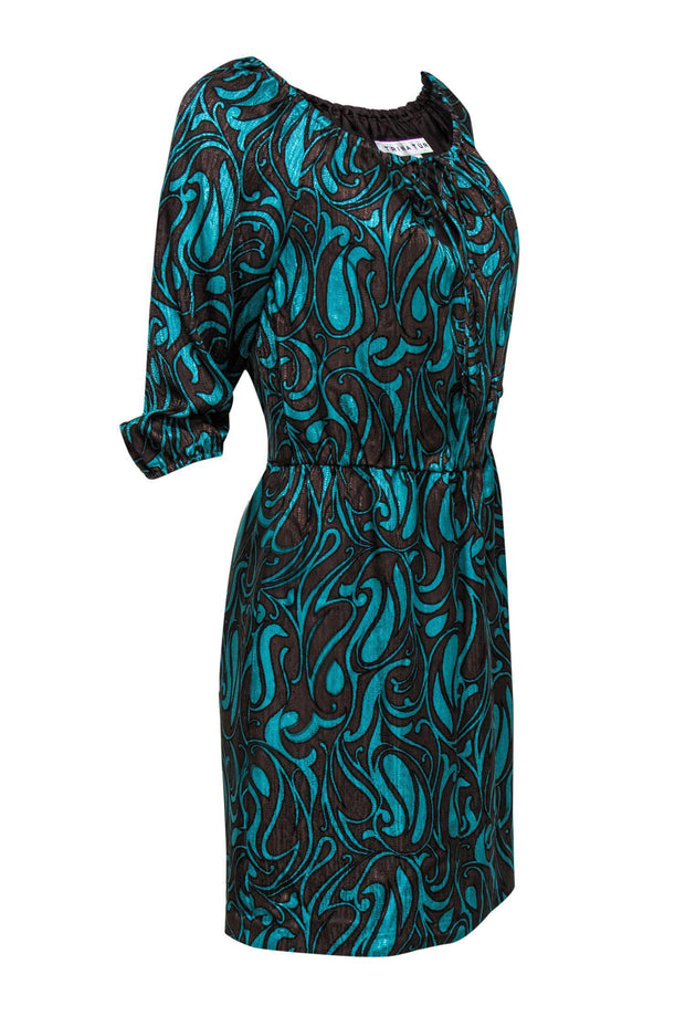 Current Boutique-Trina Turk - Teal & Brown Paisley Printed Silk Sheath Dress Sz 0