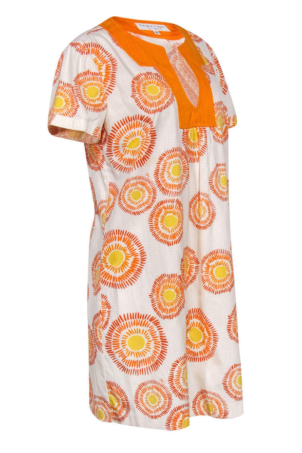 Current Boutique-Trina Turk - White, Orange & Yellow Printed Short Sleeve Shift Dress Sz 12