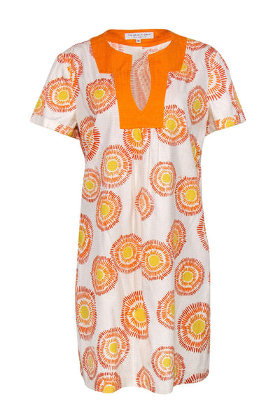 Current Boutique-Trina Turk - White, Orange & Yellow Printed Short Sleeve Shift Dress Sz 12