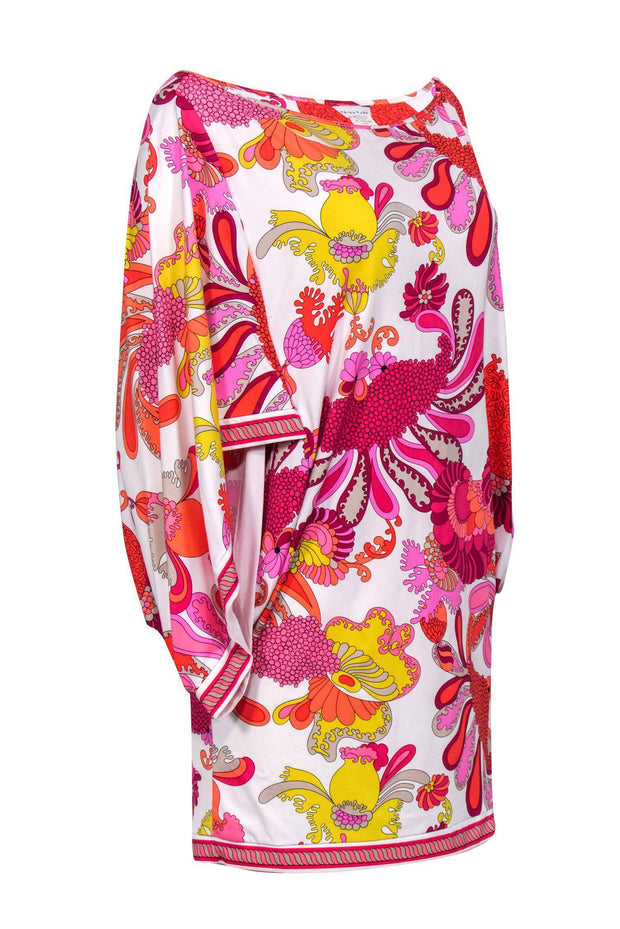 Current Boutique-Trina Turk - White, Pink & Yellow Paisley Kaftan-Style Mini Dress Sz L