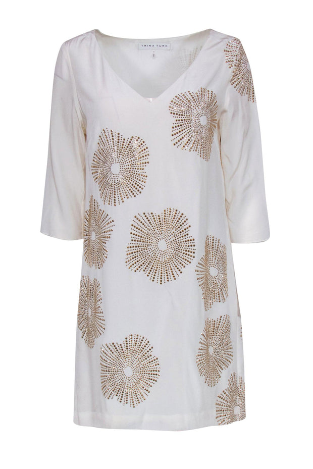 Current Boutique-Trina Turk - White Silk Chiffon Shift Dress w/ Gold Sunbursts Sz 4