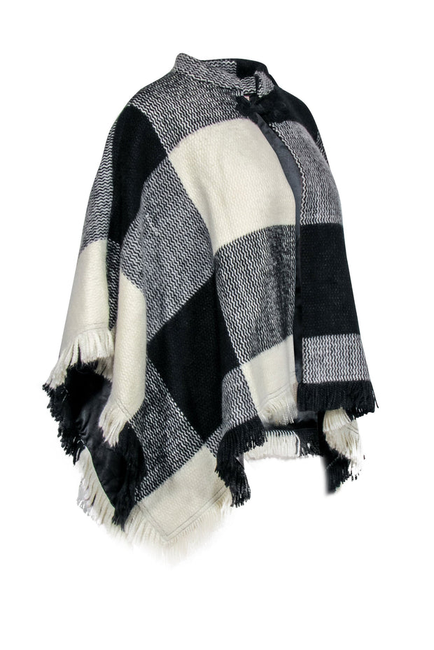 Current Boutique-Tularosa - Fringed Black & White Checkered Print Poncho Sz S