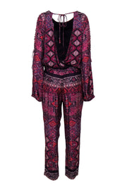 Current Boutique-Twelfth Street by Cynthia Vincent - Purple Bohemian Print Jumpsuit w/ Beaded Neckline Sz L