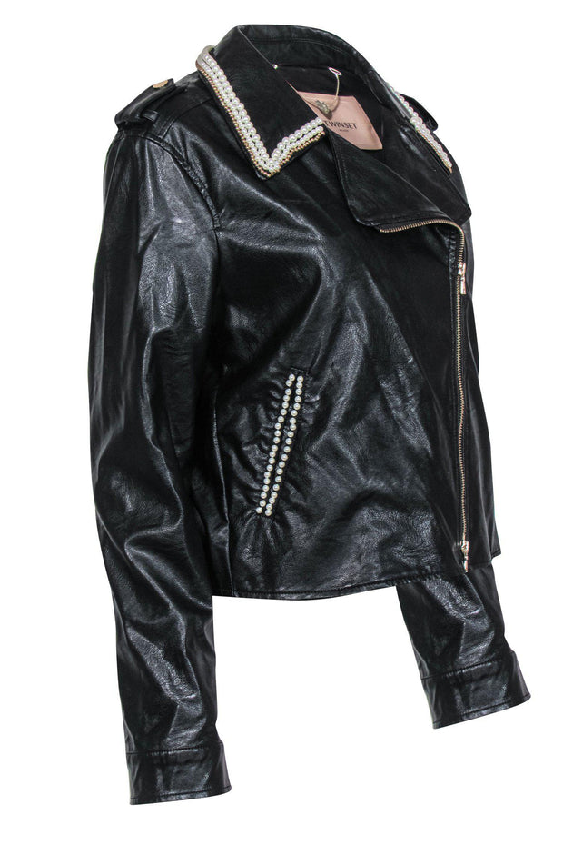 Current Boutique-Twinset - Black Faux Leather Moto Jacket w/ Embellished "Love" Logo Sz 12