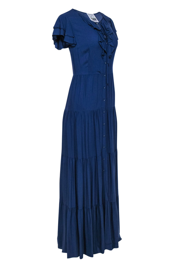 Current Boutique-Twinset - Navy Tiered Button-Up Maxi Dress w/ Beaded & Ruffled Trim Sz XXS