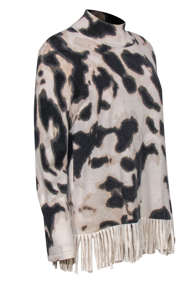 Current Boutique-Tyler Boe - Cream & Brown Leopard Print Turtleneck Sweater w/ Fringed Hem Sz L