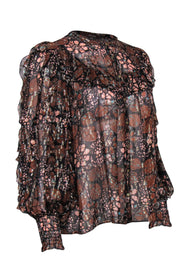 Current Boutique-Ulla Johnson - Black & Rust Metallic Floral Print Ruffled Puff Sleeve Blouse Sz 6