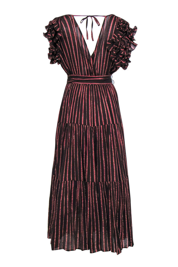 Current Boutique-Ulla Johnson - Brown & Rose Gold Stripe Cotton Maxi Dress w/ Ruffle Shoulders Sz 6