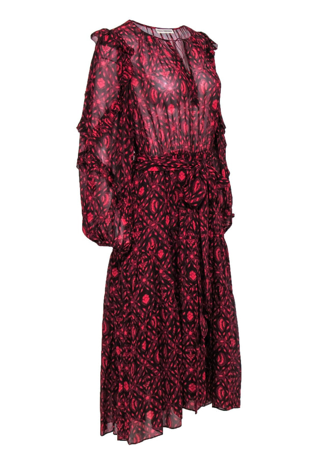 Current Boutique-Ulla Johnson - Burgundy & Red Print Silk Midi Dress w/ Tie Sz 10