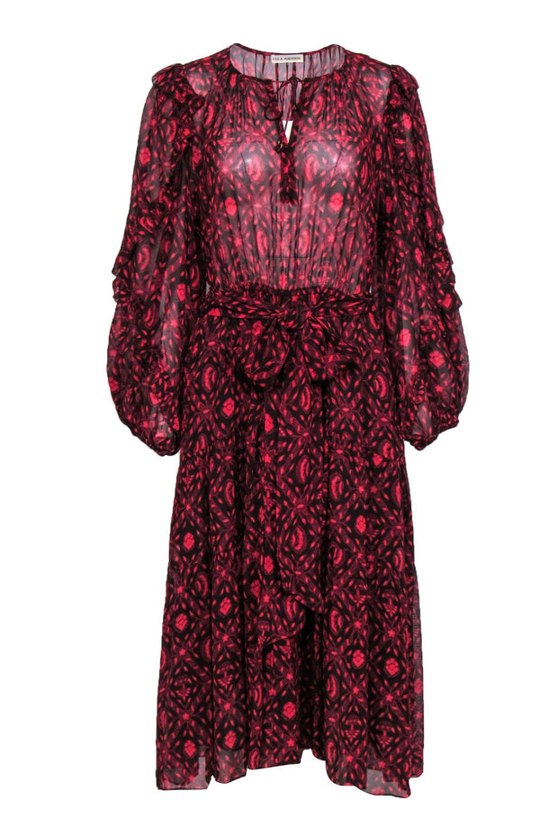 Current Boutique-Ulla Johnson - Burgundy & Red Print Silk Midi Dress w/ Tie Sz 10