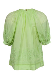 Current Boutique-Ulla Johnson - Lime Green Embroidered Puff Sleeve Blouse w/ Mesh Trim Sz 6