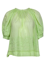 Current Boutique-Ulla Johnson - Lime Green Embroidered Puff Sleeve Blouse w/ Mesh Trim Sz 6