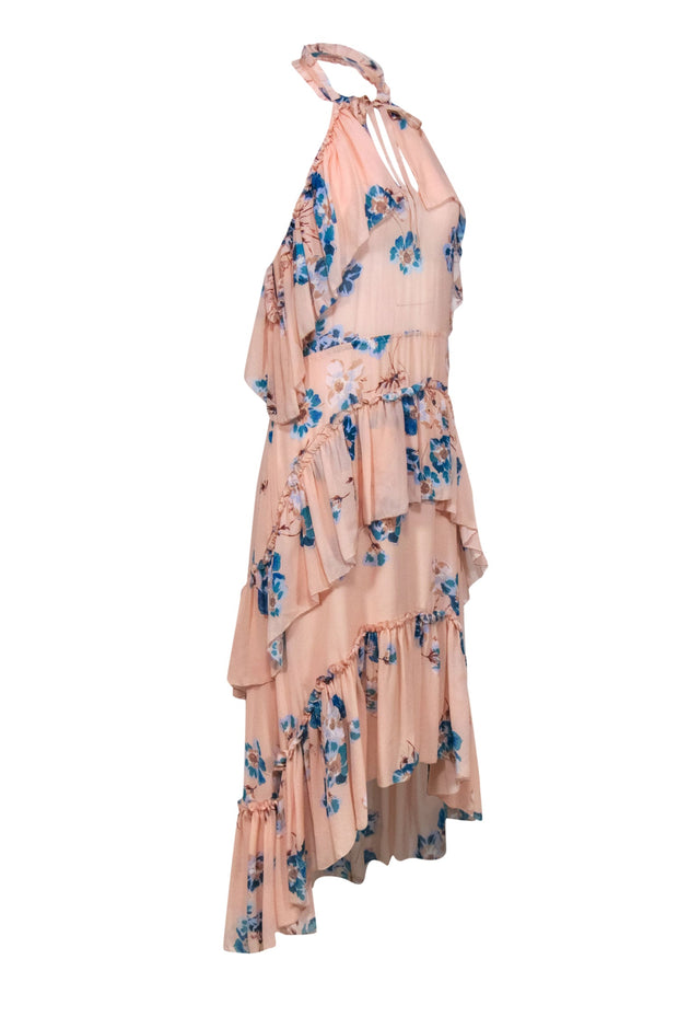 Current Boutique-Ulla Johnson - Pale Pink & Blue Floral Print Cold Shoulder Halter Maxi Dress Sz 2