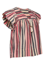 Current Boutique-Ulla Johnson - Pink, Grey, Cream & Gold Striped Flutter Sleeve Top w/ Tassels Sz 8