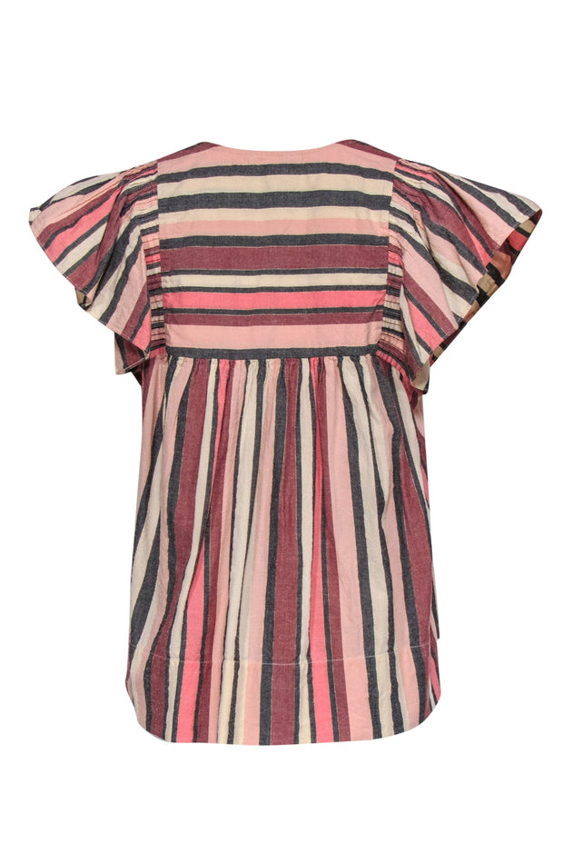 Current Boutique-Ulla Johnson - Pink, Grey, Cream & Gold Striped Flutter Sleeve Top w/ Tassels Sz 8