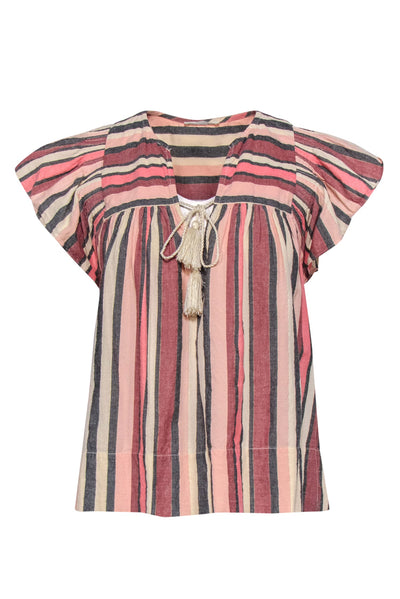 Current Boutique-Ulla Johnson - Pink, Grey, Cream & Gold Striped Flutter Sleeve Top w/ Tassels Sz 8