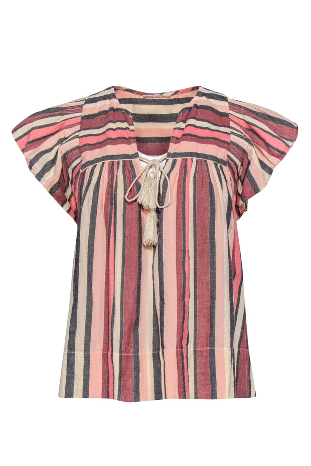 Current Boutique-Ulla Johnson - Pink, Grey, Cream & Gold Striped Flutter Sleeve Top w/ Tassels Sz 8