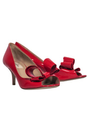 Current Boutique-Valentino - Red Patent Leather Open Toe Kitten Heels w/ Bow Sz 8.5