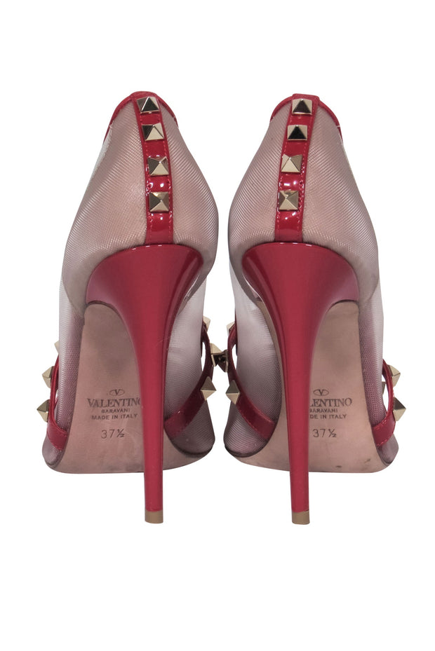 Current Boutique-Valentino - Red Patent & Mesh Studded Caged Pointed Toe "Rockstud" Pumps Sz 7.5