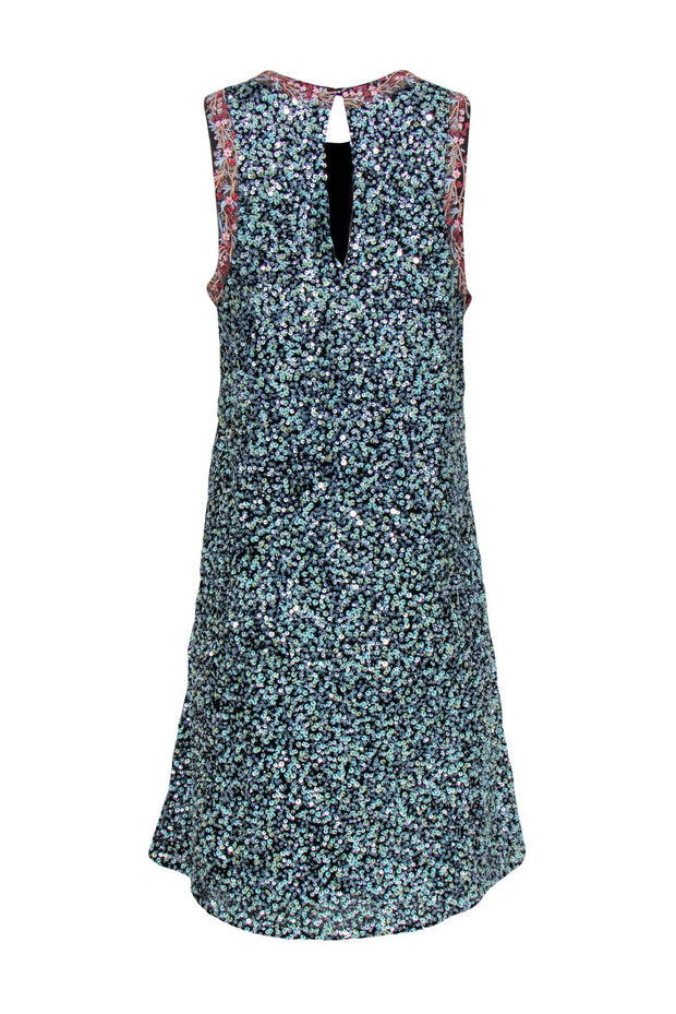 Current Boutique-Varun Bahl - Blue Sequin Sleeveless Shift Dress w/ Floral Embroidered Trim Sz 8