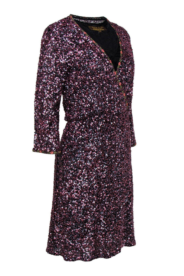 Current Boutique-Varun Bahl - Purple Sequin Fit & Flare Dress w/ Floral Embroidered Trim Sz 4