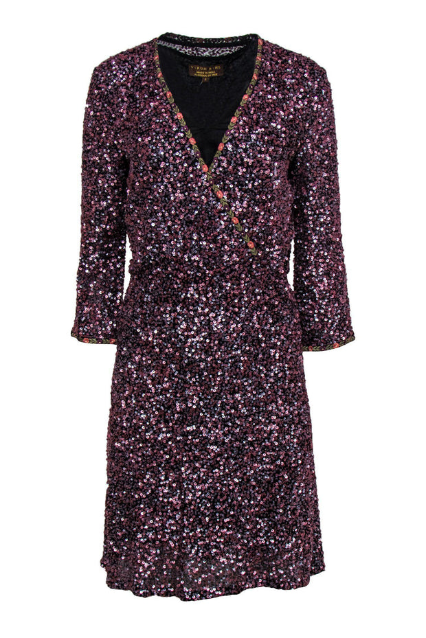 Current Boutique-Varun Bahl - Purple Sequin Fit & Flare Dress w/ Floral Embroidered Trim Sz 4