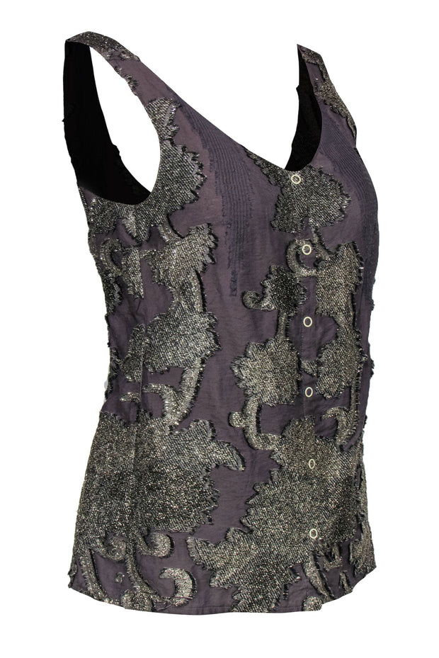 Current Boutique-Vena Cava - Taupe & Gold Embroidered Cotton Blend Tank Sz 4