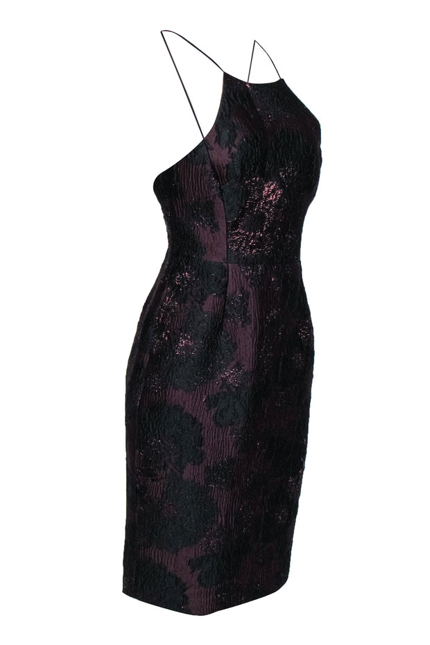 Current Boutique-Vera Wang - Plum & Black Metallic Floral Brocade Racer Front Cocktail Dress Sz 4