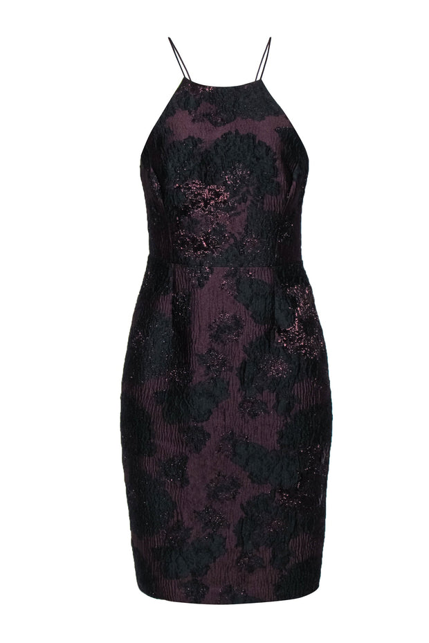 Current Boutique-Vera Wang - Plum & Black Metallic Floral Brocade Racer Front Cocktail Dress Sz 4