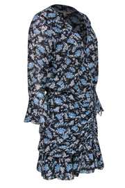 Current Boutique-Veronica Beard - Black, Blue & White Floral Print Ruched Silk Dress Sz 8