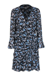 Current Boutique-Veronica Beard - Black, Blue & White Floral Print Ruched Silk Dress Sz 8