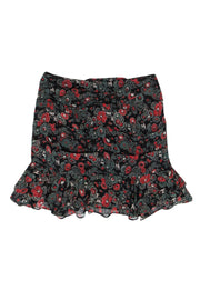 Current Boutique-Veronica Beard - Black, Red & Green Floral Print Ruched Miniskirt w/ Ruffles Sz 4