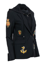 Current Boutique-Veronica Beard - Black Wool Blazer w/ Gold Patches & Zip-In Hoodie Sz 2