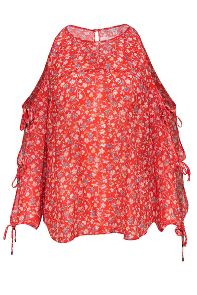 Current Boutique-Veronica Beard - Bright Orange Silk Floral Cold Shoulder Top Sz 12