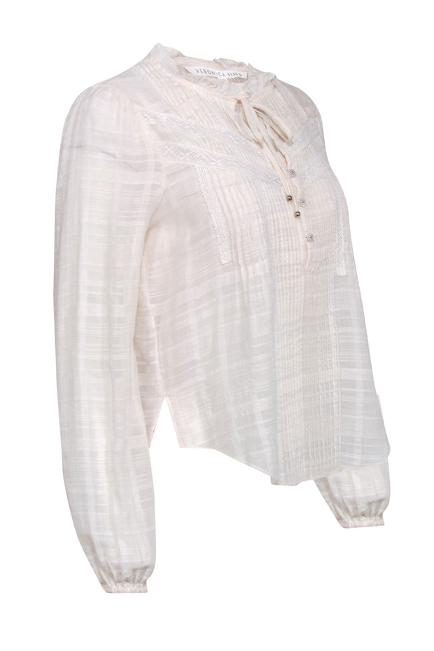 Current Boutique-Veronica Beard - Cream Cotton Blouse w/ Bohemian Collar & Pleats Sz 4