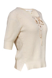 Current Boutique-Veronica Beard - Cream Ribbed Lace-Up Short Sleeve Sweater Sz M