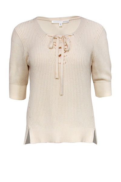 Current Boutique-Veronica Beard - Cream Ribbed Lace-Up Short Sleeve Sweater Sz M