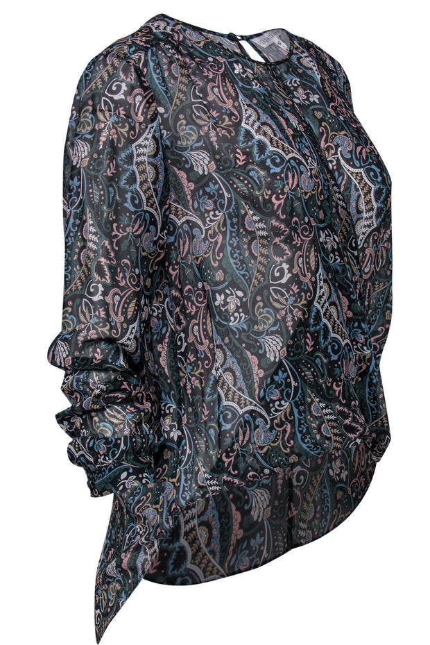 Current Boutique-Veronica Beard - Dark Green, Blue, & Pink Paisley Print High-Low Silk Blouse Sz 6