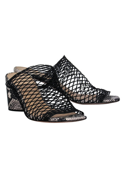 Current Boutique-Veronica Beard - Grey & Black Snakeskin Print & Fishnet Heeled Mules Sz 8.5