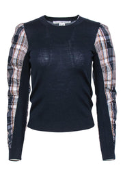 Current Boutique-Veronica Beard - Navy Puff Sleeve "Adler Mixed Media" Wool Sweater w/ Plaid Trim Sz XS