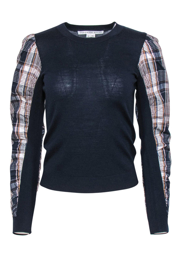 Current Boutique-Veronica Beard - Navy Puff Sleeve "Adler Mixed Media" Wool Sweater w/ Plaid Trim Sz XS