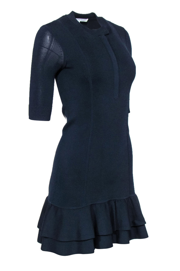 Current Boutique-Veronica Beard - Navy Ribbed Quarter Sleeve Sheath Dress w/ Peplum Hem Sz 0