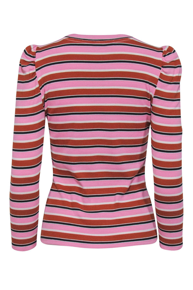 Current Boutique-Veronica Beard - Pink, Brown, Black & White Striped Puff Sleeve Knit Top Sz XS