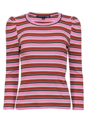 Current Boutique-Veronica Beard - Pink, Brown, Black & White Striped Puff Sleeve Knit Top Sz XS