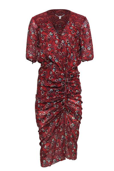 Current Boutique-Veronica Beard - Red Floral "Mariposa" Silk Ruched Midi Dress Sz 8