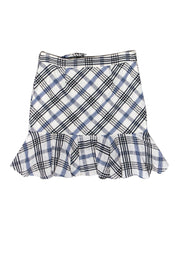 Current Boutique-Veronica Beard - White, Black & Blue Plaid Ruffle Miniskirt Sz 0